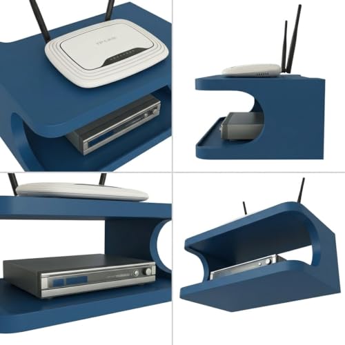 Image of Wall Shelf for WiFi Router & Set Top Box MDF Floating Wall Mount Shelf for Living Room Bedroom Office | Cable Management Organizer Rack for Modem DTH Gaming Console Storage | Blue