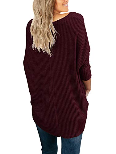IWOLLENCE Womens Loose Henley Blouse Bat Wing Long Sleeve Button Down T Shirts Tie Front Knot Tops Wine Red X-Large
