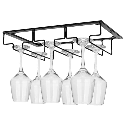 Estante para copas de vino para debajo del gabinete, soporte de metal negro para colgar copas de vino, organizador de almacenamiento de vidrio montado en la pared, diseño de 5 ranuras