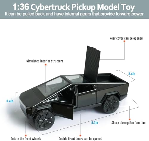 Image of PLUSPOINT Diecast Cybertruck Model Car 1 /36 Toys With Lights Die Cast Cyber Cars Pull Back Metal Model Toy Trucks And Pickup Truck Toys For Kids And Cyber Truck Enthusiasts, Black