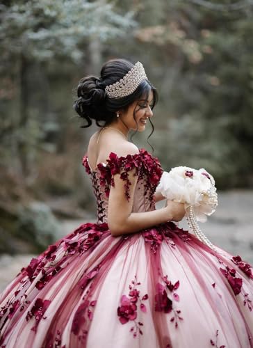 Mouccy Luxury 3D Floral Tulle Quinceanera Dresses Puffy Pearly Prom Dresses with Train Beaded Off Shoulder Sweet 16 Dresses3