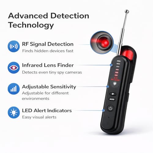 Image of Casaquin T01 Smart Hidden Device Detector & GPS Signal Scanner | Anti-Spy Bugging Scanner for Indoor /Outdoor Privacy Protection | Sound & LED Alert | Privacy Device for Home, Hotel, Travel - Black