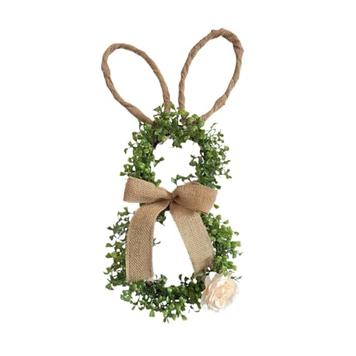Easter Bunny Spring Wreath for Front Door, 20" x 10" Bunny Shaped Artificial Wreaths Decorations with Flower and Bow for Easter Spring Home Window Decor
