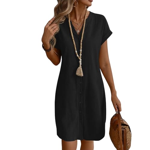 Sommerkleid Damen Kurz A Linie Blusenkleid Damen Sommer Elegant Tunika Kleid mit Ärmel Kurzarm Sommerkleider Leicht Kleider Frauen V Ausschnitt...