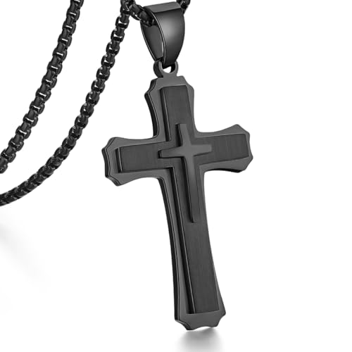 Cross Necklace for Men 316L Stainless Steel Stainless Steel Plain Cross Pendant Necklace Chain for Men Silver Black Gold Colors
