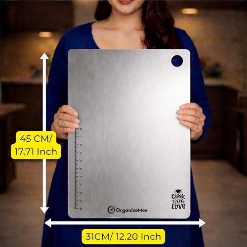 Image of OrganizeMee Extra Large Stainless Steel Chopping Board (45CM X 31CM) with Anti-Skid Silicon Pad, Metal Cutting Kitchen,Heavy Duty Chopping-Board Vegetable,Meats Vegetable Chopper Boards, Safe Durable