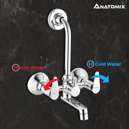 Image of ANATOMIX Sigma Brass Wall Mixer for Bathroom with Stainless Steel 125mm Long L-Bend Provision for Overhead Shower, Chrome Finish