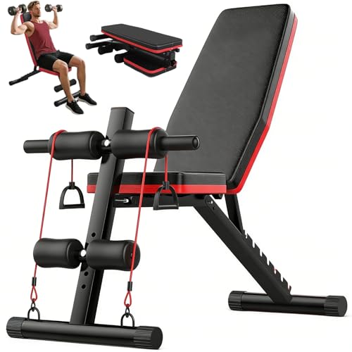 Stbmiye Adjustable Weight Bench Full Body Workout Strength Training Bench with 175KG Large Capacity & Elastic Resistance Ropes Foldable Exercise Workout Utility Bench for Home Gym