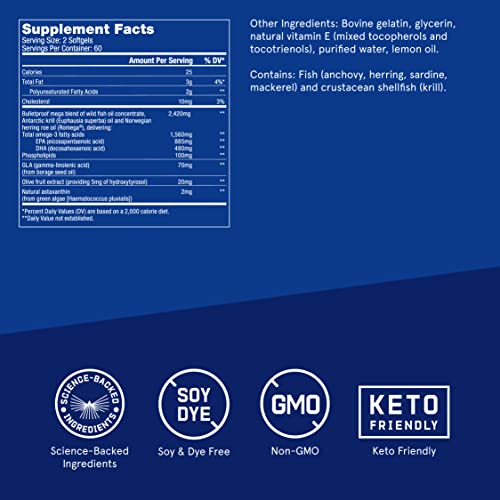 Bulletproof Omega Krill Complex, Lemon Flavor, 120 Softgels, 1560mg Omega-3 with EPA, DHA, GLA, and Astaxanthin, Keto Fish Oil Supplement for Brain and Heart Health - Image 3