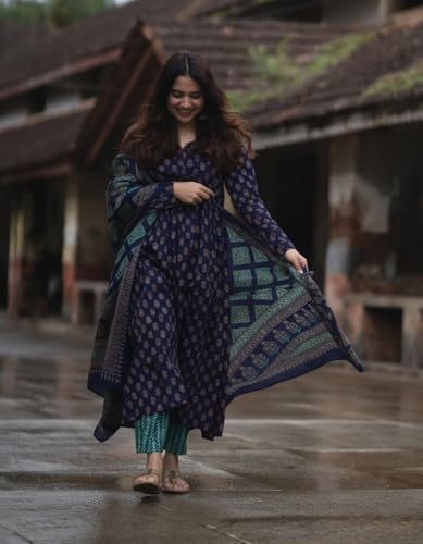 Image of ANNI Designer Women's Rayon Viscose Anarkali Kurta Set with Pant and Dupatta | Stylish Long Kurti Dress for Festive, Party, and Ethnic Wear