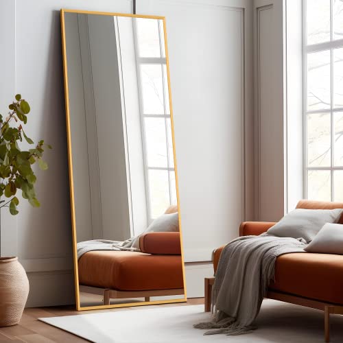 Image of NeuType 59 inchx16 inch Full Length Mirror with Standing Holder Aluminum Alloy Frame Floor Mirror Wall-Mounted Mirror for Living Room, Bedroom, Hanging or Leaning Against Wall, Golden (with Stand)