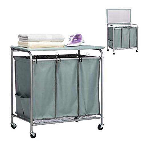 PARANTA Foldable Ironing Board Laundry Sorter Cart with Removable 3 Bags Laundry Hamper Sorter with Small Cloth Bags on Both Sides Blue Grey
