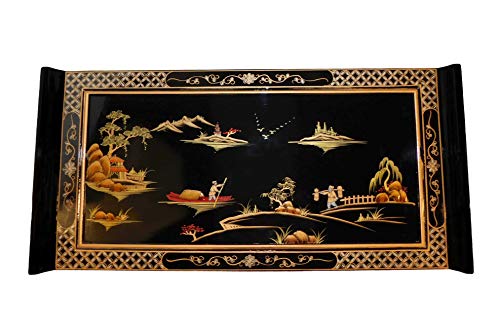 Black Lacquer Oriental Coffee Table With Gold Landscape #TOP3