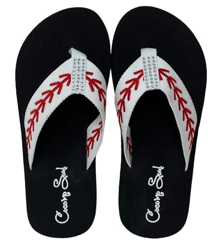 Cocomo Soul Rhinestone Baseball Flip Flops | Embroidered Slippers | Sandals for Women | Bling4
