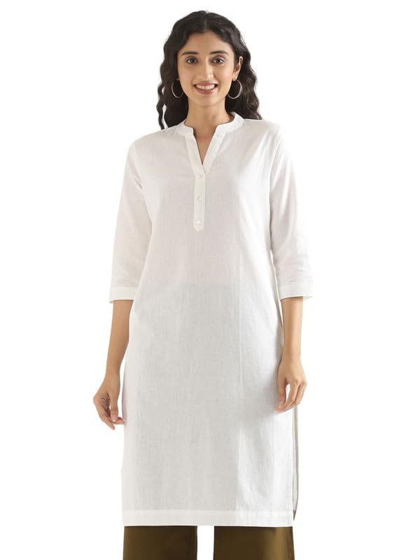 Image of SAADAA Women's Linen Straight Fit Straight Long Kurta Airy Plain Kurta, 3 /4 Sleeve, Knee Length Kurtis with Pockets, Casual and Office Wear