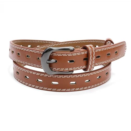 Women's Leather Belt with Contrast Stitching, Brown, Slim Design2
