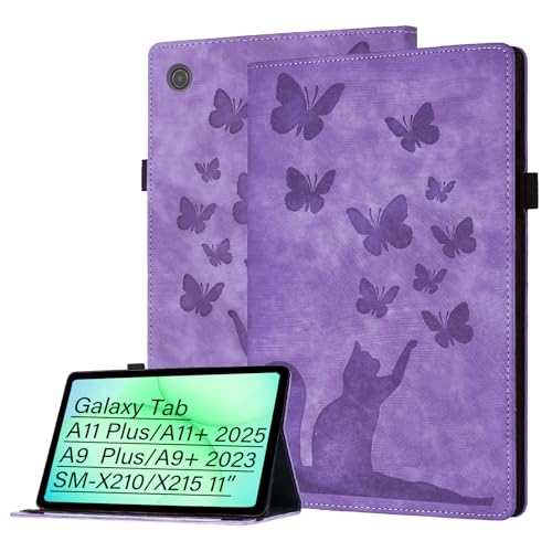 Bemoloon Tab Fundas para Samsung Galaxy Tab A11 Plus/A11+ 2025 A9 Plus/A9+ 2023 PU Gato y Mariposa Carcasa para Tableta, Soporte, Ranura para Tarjetas, Porta Lápiz, Gato Morado