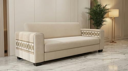 Image of Velvet Quilted Sofa Cover Mat Seat & Back, 2 Pc Arm, Arm L23in H32in, Beige Color,Anti Skid Backing, 6in Hanging Strap Design, Washable Soft, Anti Slip, Se, Style -Beige-ARM2