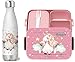 wolga-kreativ Brotdose rosa Obsteinsatz Bento Box und Thermo Trinkflasche Isolierflasche Edelstahl auslaufsicher BPA frei für Kinder Mepal Mädchen Einhorn Regenbogen personalisiert mit Namen Lunchbox