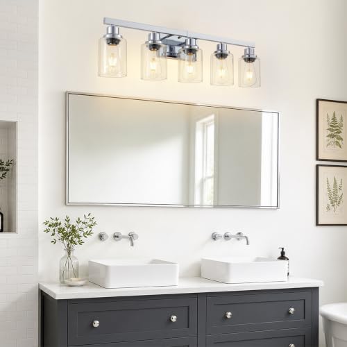 Image of DIKADIA 5-Light Chrome Bathroom Vanity Light Over Mirror 30 inch Bathroom Light | Polished Chrome,Modern Vanity Lighting Fixture,Farmhouse Wall Sconces with Clear Glass Shade,Wall Light Over Mirror Sink