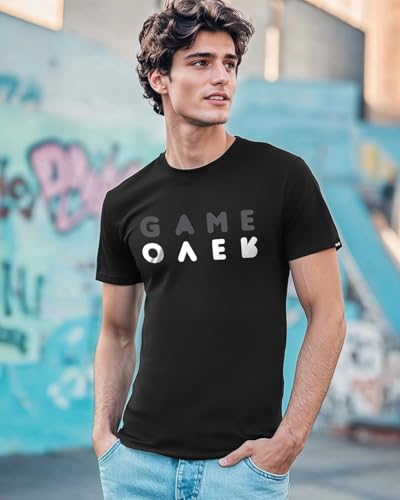 Image of Bewakoof Men's Game Over Minimal Typography Hooded Half Sleeve T-Shirt