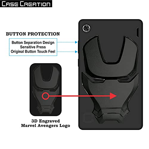 Image of COVERLY Official 3D Smooth Feel Avengers Logo Mask Soft Rugged Grip TPU Silicone Iron Man Engraved Cartoon Movie Engraved Silicone Rubber Matte Strong Back Cover for Lenovo Tab M7 -Black