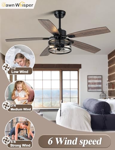 Image of Dawn Whisper 52 Inch Farmhouse Ceiling Fans with Lights and Remote Quiet and Reversible DC Motor Black Industrial Rustic Caged Ceiling Fan for Bedroom Living Room Covered Patio