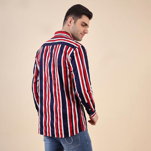 Image of Urban Scottish Men's Regular Fit Cotton Printed Shirt, Long Sleeve Button Down Collared, Soft Breathable Fabric, Stylish Everyday Wear Casual Shirt for Mens - Red & Navy