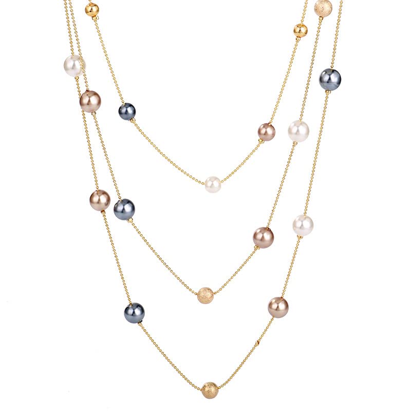 ZETSHIONLong Pearl Necklace For Women Girls Dainty Simple Three-Strand Pearl Strand Chain Layered Choker Pendant Necklaces Elegant Statement Winter Sweater Cocktail Party Jewelry Gifts