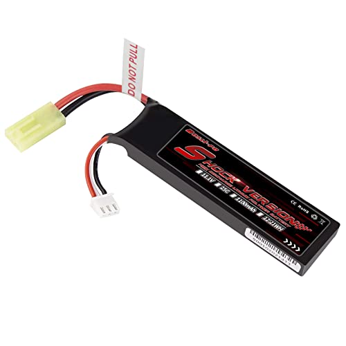 Boslipo Airsoft Batterie Lipo 11.1V 1100mAh 25C 3S Short Batterie au Lithium avec connecteur Mini Tamiya pour Airsoft AK47, MP5A5, M249 Shock Version