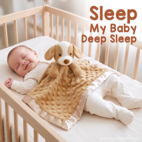 Image of Baby Security Blanket Soft Minky Baby Lovey Dog Plush Blanket for Boys and Girls,Snuggle Toy Lovie Newborn Gift Unisex Lovie Gift for Toddler, Light Brown 16 Inch