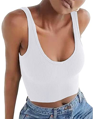 Artfish Women's Sleeveless Shirt Ribbed Fitted Scoop Neck Basic Crop Tank Top Cropped