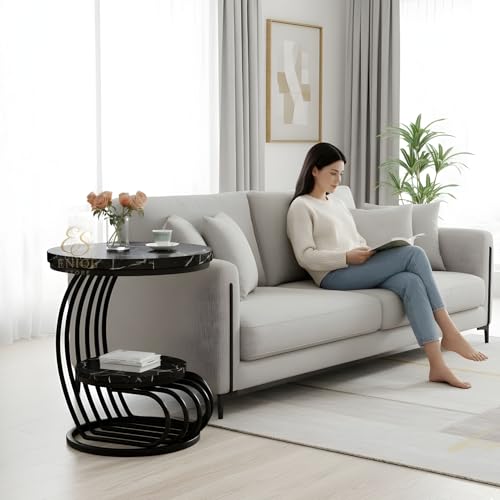 Image of Modern Designer Side Table with Dual Wooden Shelves | Heavy-Duty Metal Frame End Table for Living Room, Bedroom & Sofa Side Use (Black)