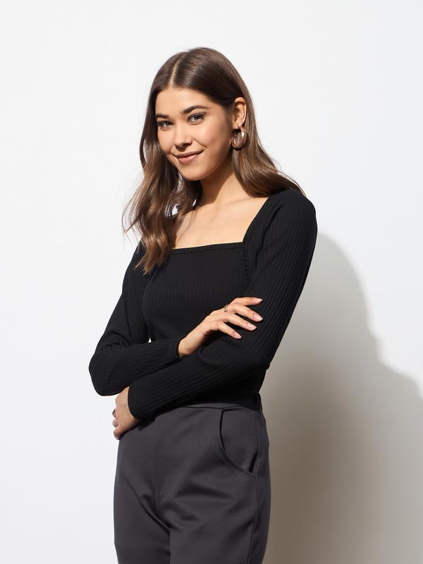 Image of barcino Black Rib Stitch Square Neck Full Sleeves Top