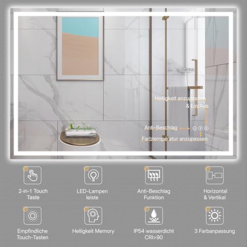 Dripex LED Badspiegel 80 x 120 cm, 3 Lichtfarben, Antibeschlag fürs Bad – Ansicht 4
