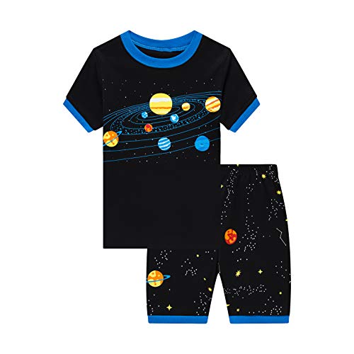 Preisvergleich Produktbild Pyjama-Set für kleine Jungen, kurzer Schlafanzug, Dinosaurier, Nachtwäsche, Kleinkind, Baumwolle, PJS, 2-teiliges Outfit für Kinder von 110 Jahren Gr. 9-10 Jahre, Planet Black
