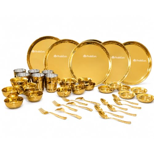 Image of 42 Pcs Stainless Steel Dinner Set Gold PVD with 6 Thali 12 Bowls 6 Halwa Plates 6 Glasses 6 Spoons 6 Forks for Home Dining and Gifting