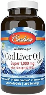 Carlson - Cod Liver Oil Gems, Super 1000 mg, 250 mg Omega-3s + Vitamins A & D3, Wild-Caught Norwegian Arctic Cod-Liver Oil, Sustainably Sourced Nordic Fish Oil Capsules, 250 Softgels