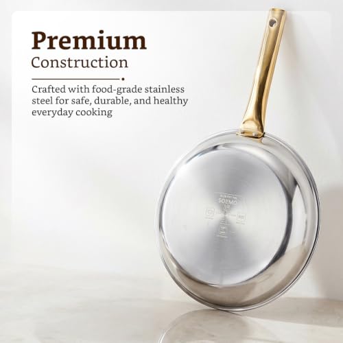 Image of Amazon Brand - Solimo Premium Triply Stainless Steel Frypan with Lid 24cm (1.7L) | Even Heating | Gas & Induction Compatible | SS 304 Food-Grade | Dishwasher Safe |Elegant Golden Handles |BIS Certified