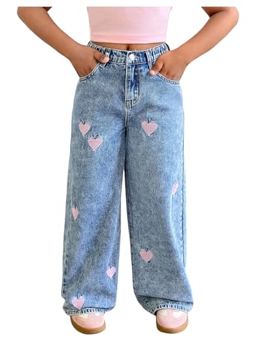 SHENHE Girl's Wide Leg Jeans High Waisted Heart Embroidered Casual Cute Loose Preppy Kid Denim Pants