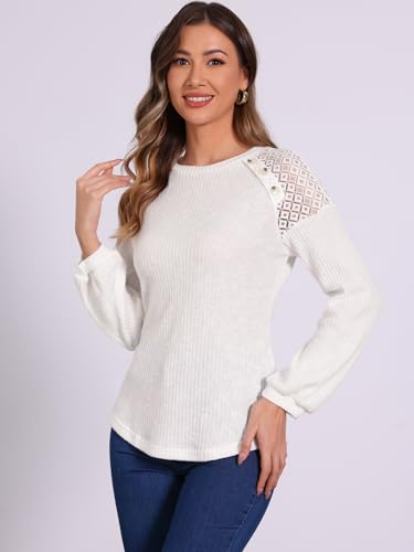Image of Allegra K Women's Chic Lace-Trimmed Crew Neck Tee Shirt Button Decor Long Sleeve Knit Sweater Top