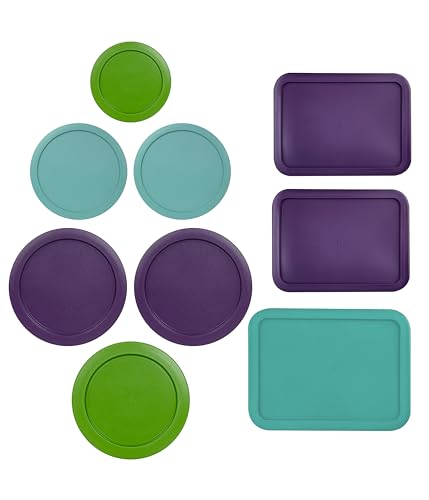 Image of Replacement Lids for Pyrex Containers (1) 1-Cup Green (2) 2-Cup Turqoise (2) 4-Cup Purple (1) 7-Cup Green (2) 3-Cup Purple (1) 6-Cup Turqoise Round Rectangle (Red)
