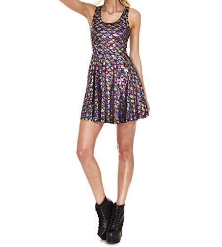 Image of LinvMe Women Shiny Mermaid Fish Scale Sleeveless Pleated Flared Dress