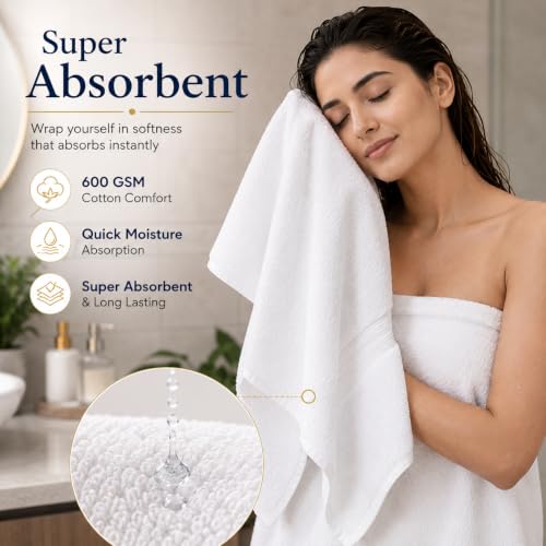 Image of Towels for Bath | Towels for Bath Large Size Bath Towel - Soft & Absorbent | 600 GSM | 1 Piece Bath Towel for Men /Women | 70 cms x 140 cms - White
