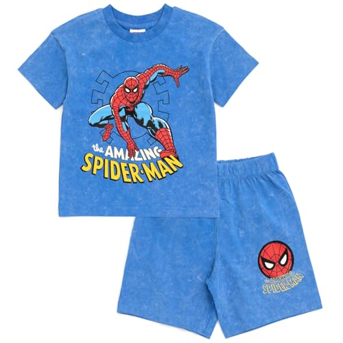 Marvel Spider-Man Toddler Boys Graphic Short Sleeve Tee and Elastic Waist Shorts Outfit Wash Blue 5T