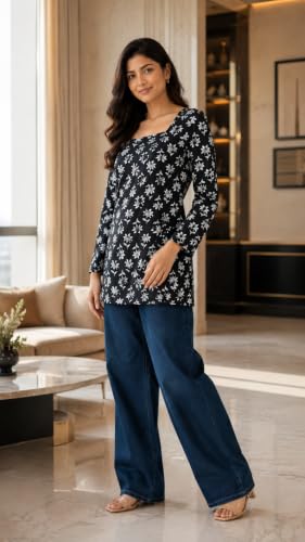 Image of Women's Floral Printed Cotton Kurti Summer Cotton Tunic Top for Girls