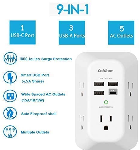 USB Chargeur mural, bande de puissance avec 5 Extendeur de sortie 4 USB Ports de recharge (1 USB C, 4.5A Total général) 3-Sided 1800J Surge Protector Power Bar Multi Plug Outlets Adaptateur mural Espace pour le bureau de voyage à domicile