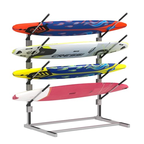 YAGEANNL 4-Tier Freestanding Surfboard Rack, Watersport Kayak and Kayaks Rack with Two Silicone Mat, Kayak Storage Rack for Kayaks, Surfboard, Paddle, Ski, Skateboards