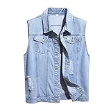 LONGBIDA Men's Denim Vest Sleeveless Ripped Distressed Jean Jacket(Blue0722,S)