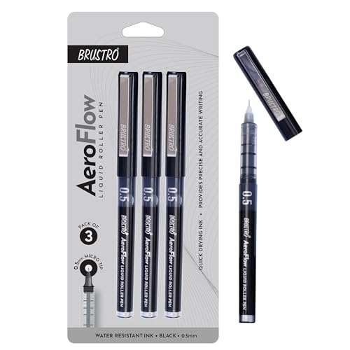Image of BRUSTRO AeroFlow Liquid Ink Rollerball Pens | Black | 0.5mm, Micro Tip | Pack of 3 | Ideal for Students, Professionals, Office, Exam use, Accurate Smooth Writing, Waterproof, Fade Resistant